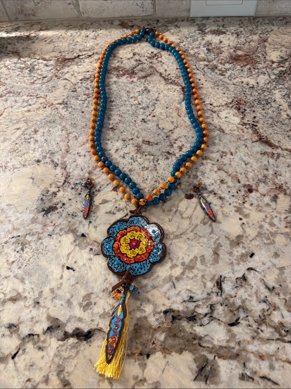 XOXO Blue and Orange Beaded Floral Pendant Necklace